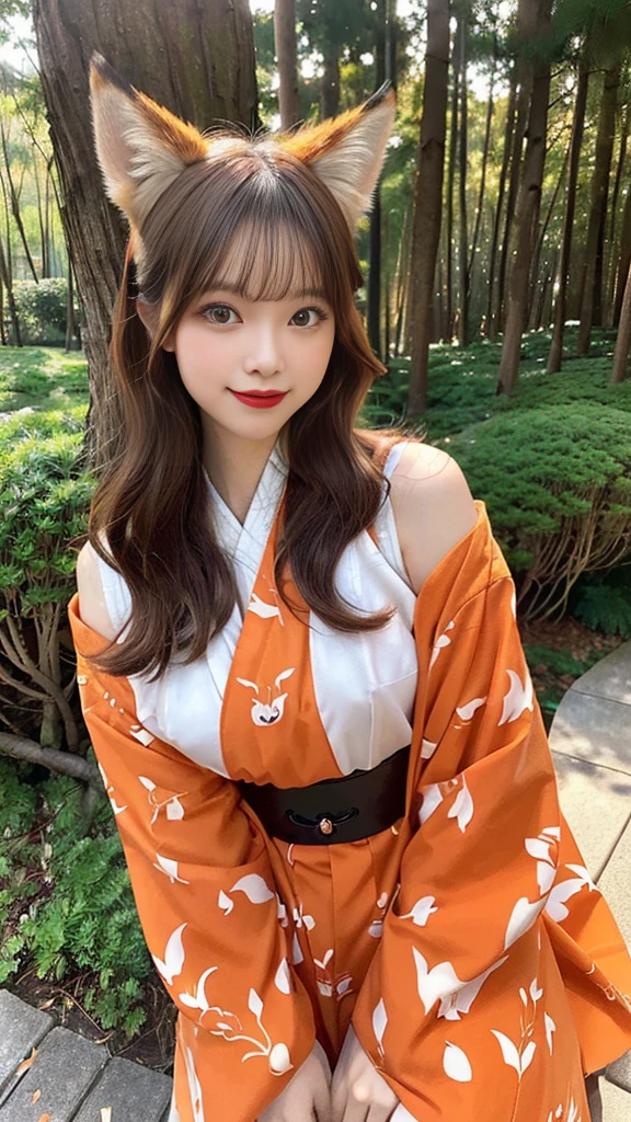 Two-shot photo of a girl and a fox,(Fantasia,Kitsune Yokai Four-Tailed Heavenly Fox,),(Girl and Fox Yokai: The Tale of the Four-Tailed Heavenly Fox),
(With a girl bent down deep in the forest and looking up,Fox Yokai Two-shot movie of a fox protecting a girl's back Poster of the four-tailed heavenly fox),
(natural soft light.)(Sunlight,),(Sunlight,),(Professional Lighting.),
(glossy light brown and orange two-tone color,,Wave Shortcut Hair,disheveled hair,),japanese kimono,Geta,Cute round face red lipstick,A cute smile that makes the viewer happy,
autumn forest,Strong wind soaring over dead leaves
Digital Illustration,
(Photorealsitic:1.3),(Raw photo.),
(masutepiece,top-quality,Ultra-high resolution output image,)
(The 8k quality,),(Image Mode Ultra HD,),(Image Mode Ultra HD,),(Sea Art 2.1:1.3,),Japan Anime Fantasy,