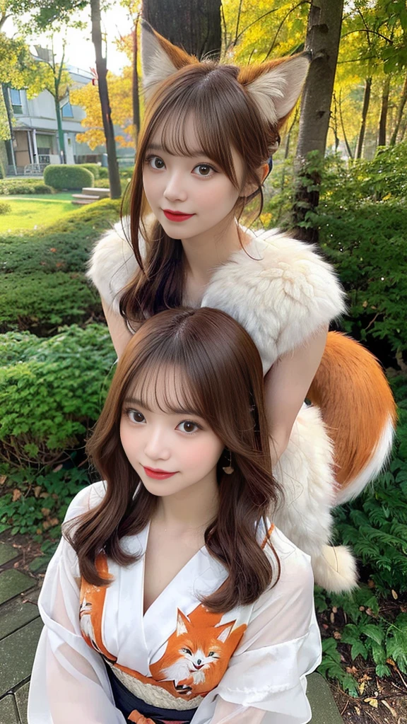 Two-shot photo of a girl and a fox,(Fantasia,Kitsune Yokai Four-Tailed Heavenly Fox,),(Girl and Fox Yokai: The Tale of the Four-Tailed Heavenly Fox),
(With a girl bent down deep in the forest and looking up,Fox Yokai Two-shot movie of a fox protecting a girl's back Poster of the four-tailed heavenly fox),
(natural soft light.)(Sunlight,),(Sunlight,),(Professional Lighting.),
(glossy light brown and orange two-tone color,,Wave Shortcut Hair,disheveled hair,),japanese kimono,Geta,Cute round face red lipstick,A cute smile that makes the viewer happy,
autumn forest,Strong wind soaring over dead leaves
Digital Illustration,
(Photorealsitic:1.3),(Raw photo.),
(masutepiece,top-quality,Ultra-high resolution output image,)
(The 8k quality,),(Image Mode Ultra HD,),(Image Mode Ultra HD,),(Sea Art 2.1:1.3,),Japan Anime Fantasy,