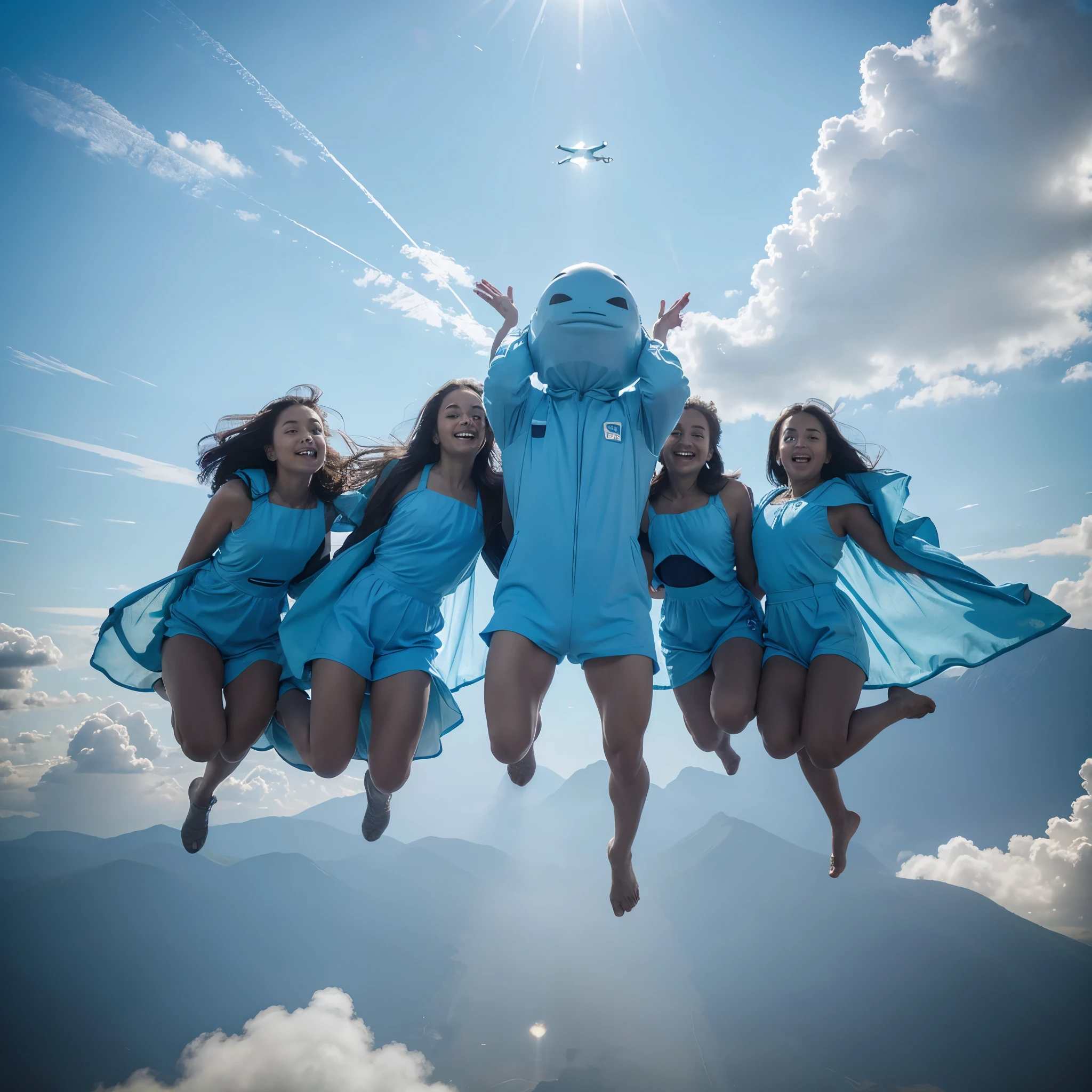 A vibrant scene with a predominant light blue color palette. Three unique aliens, each with distinct facial features, are performing a high jump from a UFO in the sky. The UFO hovers above, emitting a soft glow. The aliens are in mid-air, capturing the moment of their leap. The background showcases a clear sky with subtle cloud formations, all in varying shades of blue. The overall theme is whimsical and dynamic, highlighting the extraordinary jump of the aliens.