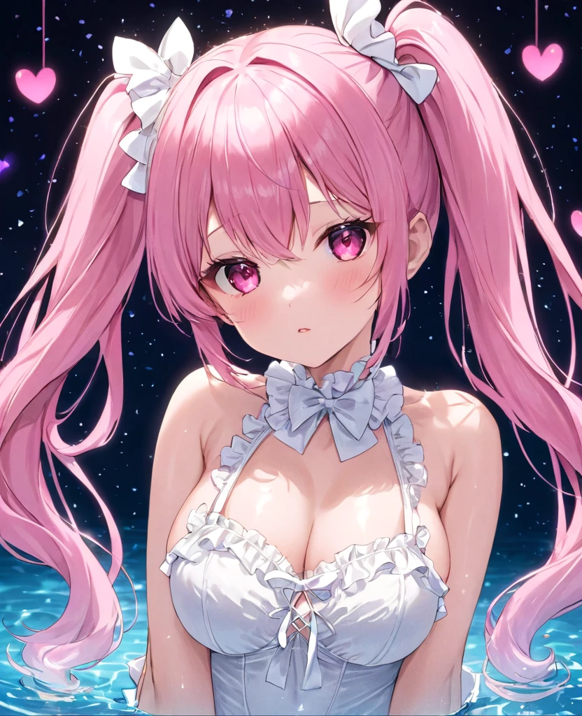 (masterpiece, best quality:1.2), (absurdres, highres, ultra-detailed), (perfect anatomy),
Beautiful woman、Breast large、Night Pool、Pink Hair、Twin tails、Pink Eyes、Background glitter、night、heart、White frilly swimsuit
(8K, RAW photo:1.2),detailed face and eyes,intricate detail ,masterpiece ,sharp focus, high quality,BREAK,rating: general, newest