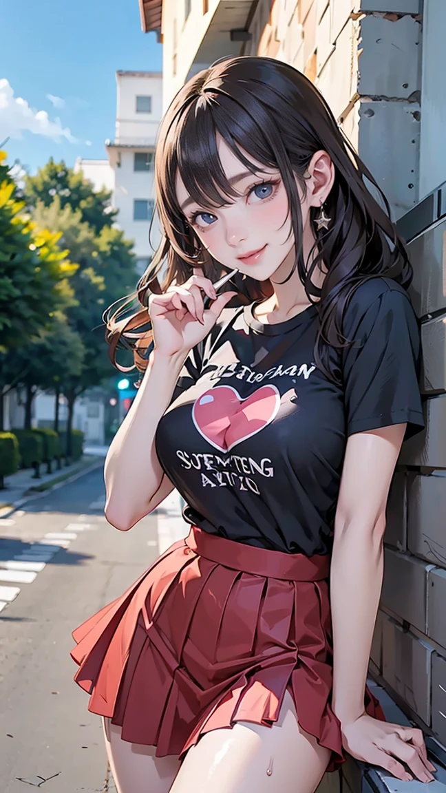 ((((highest quality)))), (((Ultra-precision CG 16K))), (((masterpiece))), (((Very detailed))), (((Extremely detailed))), (((Black outline:1.3, Written boundary depth:1.3 , Written soft outline))), Maximum clarity and sharpness,Multilayer Texture, Surface Shading, Cinematic lighting, Beautiful details sparkle ,Perfect Proportions, Limited to three woman, BREAK accurate, Anatomically correct, Highly detailed face and skin texture, drawn in detail, Highly detailed facial and skin texture, Detailed eyes, beautiful hair, Beautiful Japanese Idol face, Beautiful and beautiful eyes, Beautiful body, Beautiful breasts, Beautiful thighs, Beautiful legs, Beautiful fingers, (Beautiful views) , skinny body, ((Beautiful Skin)), ((Skin Texture)) BREAK breast enlarged, large Breasts, rocket breasts, (((perky breasts))), covered nipples, slender waist, (smiling , narrow eyes, blush, determined expression, hot, sweaty , Heavy breathing,) BREAK (((wearing oversized character print t-shirt, wearing pleats mini-skirt, breasts is covered by outfit))) , wearing earrings, BREAK ( stick breast out),(((looking at viewer, super detailed background , summer sky, high school student drinking and put a straw in the mouth on street, leaning against wall))),