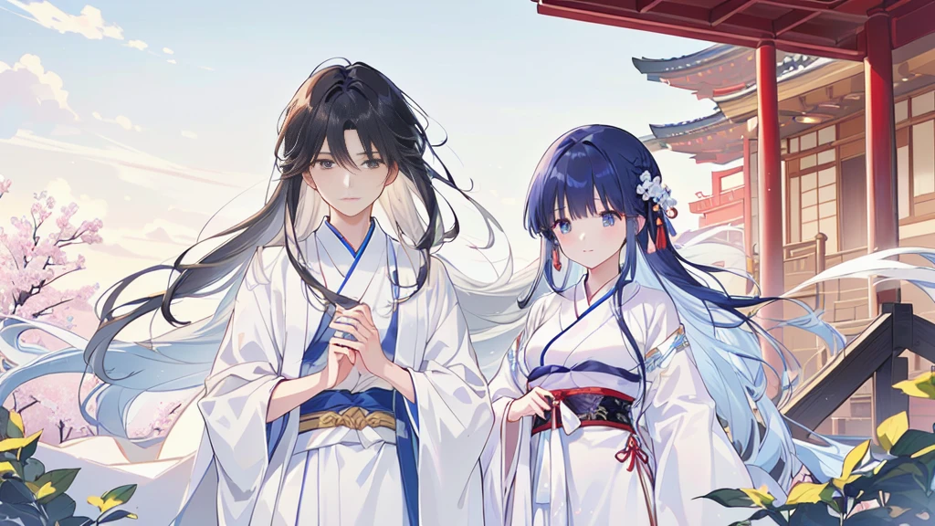 Anime characters in traditional Japanese clothes standing in front of a building, flowing White robe, White Hanfu, Long flowing hair and robes, wearing White robe!, Wing Wall and Shurak, Wearing a flowing robe, wearing White robe, dressed in White robe, White robe, Hanfu, palace ， Girl wearing Hanfu, Gu Weiss