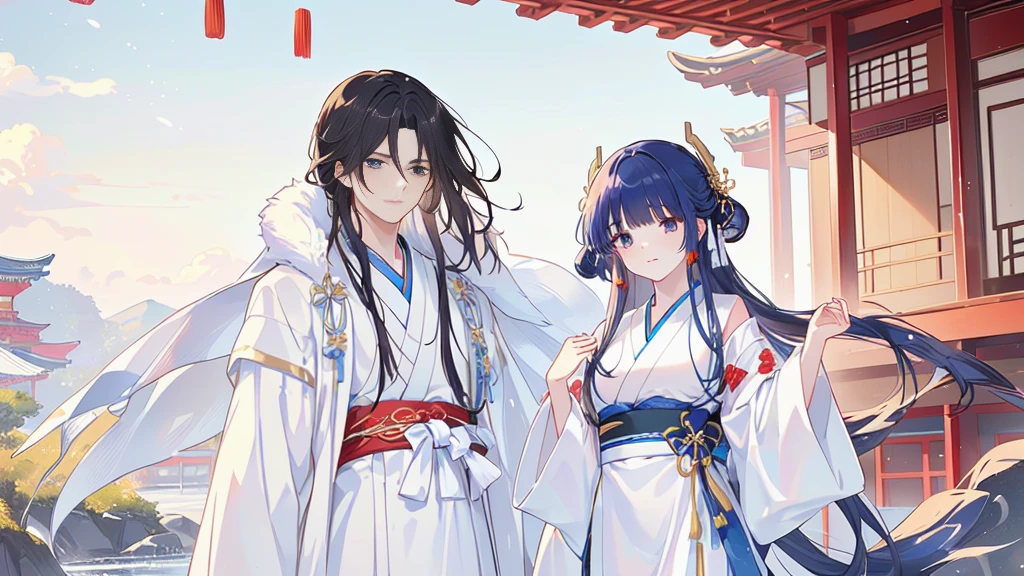 Anime characters in traditional Japanese clothes standing in front of a building, flowing White robe, White Hanfu, Long flowing hair and robes, wearing White robe!, Wing Wall and Shurak, Wearing a flowing robe, wearing White robe, dressed in White robe, White robe, Hanfu, palace , Girl wearing Hanfu, Gu Weiss
