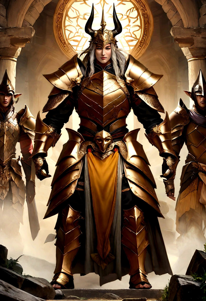 Elf male, long brown flowing hair, warrior, conceptual artwork, Directed by: Jealous of you, Fantasyart, zen temple background, clean render, one horn, wearing armor, detailed bushido form smoke, helmet of a forgotten deity, character is standing, 8k realistic, in game render, detailed detail of the bottom of the face, Art Station home page, boi, pseudo - fantasia medieval, Deity with koi armor, detailed bronze armor, Bronze Armor, golden engraved armor, gold obsidian armor, light gold armor, ornate filigree armor, demon warrior, ornate armor covered in thorns, intricate assassin armor, intricate metal armor, Formidable warrior, clad in ornate golden armor adorned with intricate designs, helmet sporting a large crest and two horns, all against a dark, smoky scenery suggestive of a battle scene, lending a sinister aura to your persona