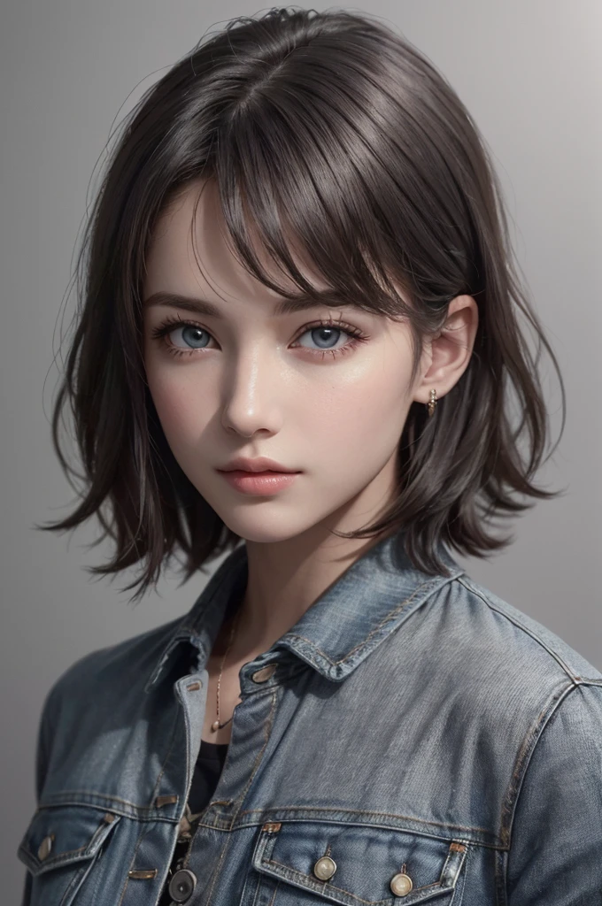 8K Ultra HD、RAWphotograph、モデルphotograph撮影、 European Fashion、(masterpiece、Highest quality、Realistic、High resolution、photograph:1.3)、close、focus on、Hot Model、slim、30 year old mature woman、Small face、No makeup、short hair、Beautiful dark brown Hayne eyes、Genuineスキン、(Perfect body)、Sexy hot face、sexual sight、slim、blouse、Denim Jacket、Long sleeve、Beautiful eyes in every detail、Glossy lips、((Bright light、Dynamic Lighting、Genuine、超Genuine、 realism、Genuineなディテール、Cool Beauty、Cool pose、Background gray、Plain gray background