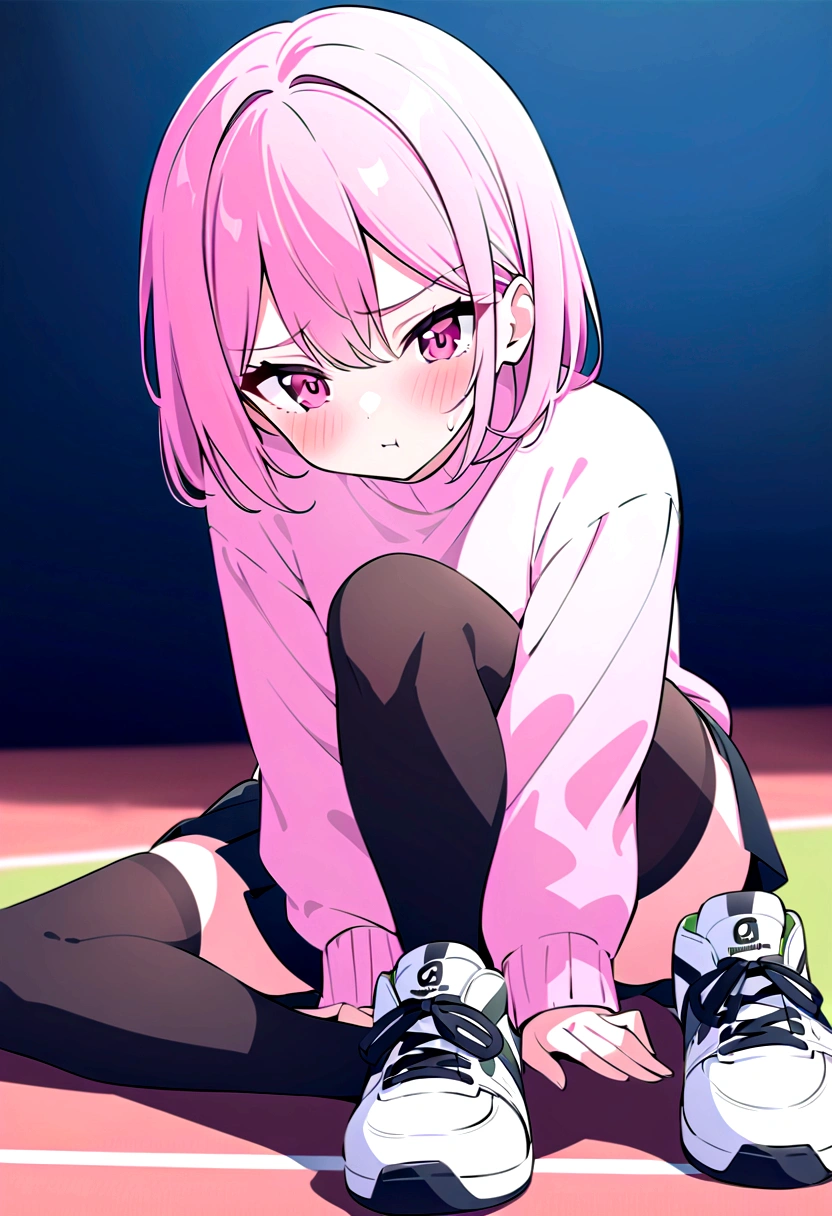 pink hair black glasses pink eyes extremely blushing a big pink sweater short black skirt black stockings white tennis shoes that is a reserved girl that is pouting