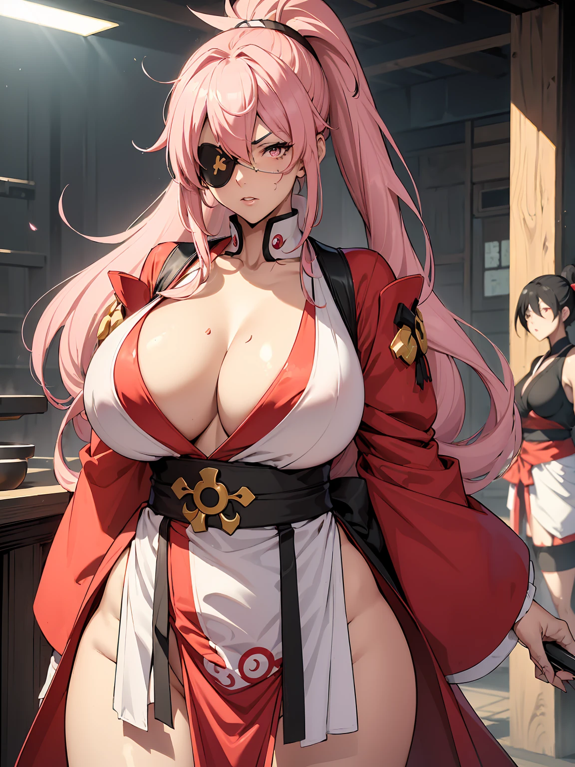 masterpiece:1.2, ((Guilty Gear: Strive game)), ((Baiken character)), 1women, (best quality), (real picture, intricate details, depth of field), make up, parted lips, highly-detailed, perfect face, (huge breasts:1.8), (skindentation), attractive waist, tall, glossy coral lips, moderate musculature, toned abdomen, beautiful navel, (extra long high pink ponytail :1.2), (white ribbon in hair) (beautiful bright pink color eyes), face ornament, sexy, (dressed in a kimono in red, white and black shades), (women's fundoshi), (white female fundosi), (blushing, drunk), sleepy expression, peaceful atmosphere, massive cleavage, disproportional , hanging breasts,
(the right eye is closed, eye patch on the right eye), (the left hand is missing, the left hand is hidden),