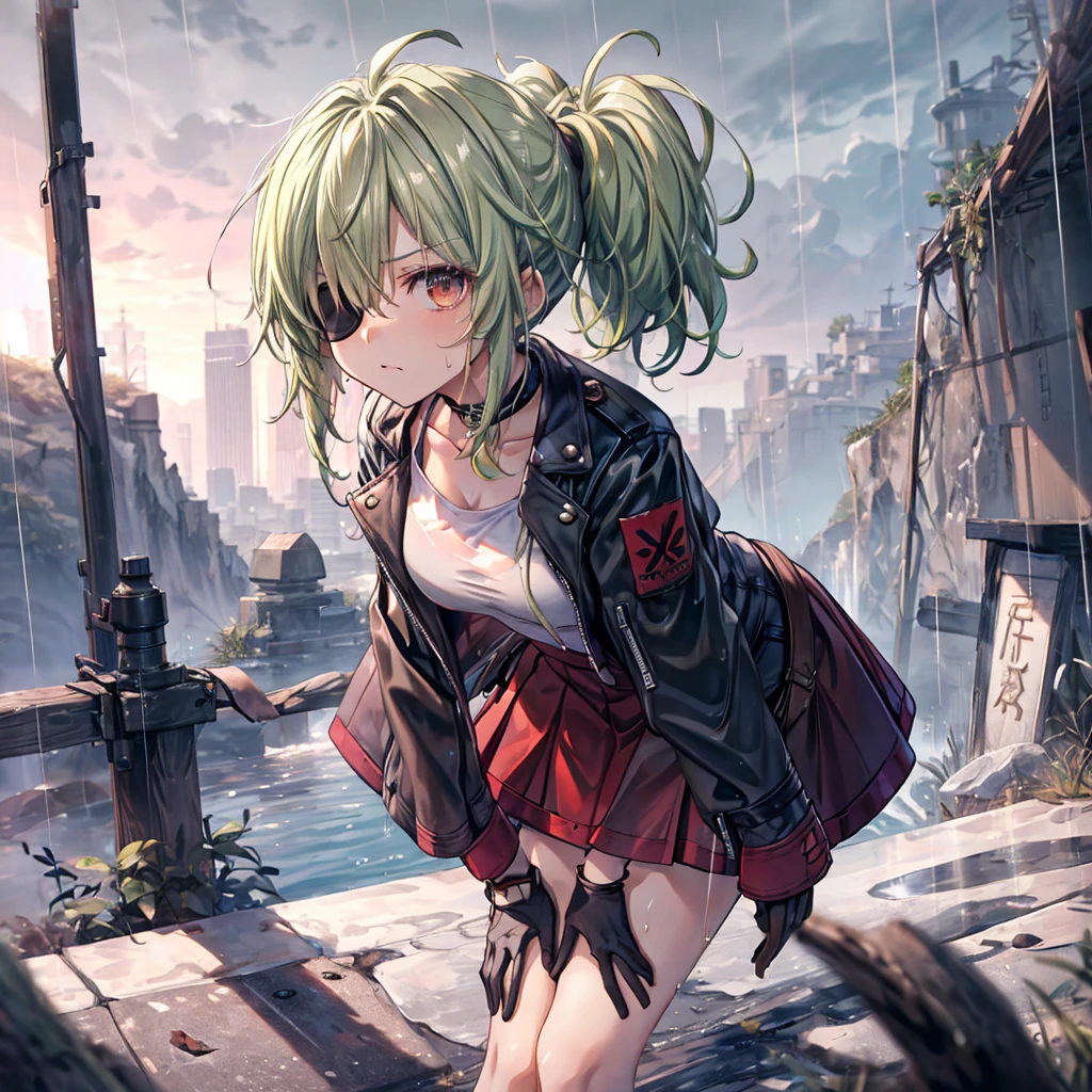 ((Highest quality)), ((masterpiece)), ((detailed)), (4K), 1woman, 独奏, ((eyepatch)), red eye, middle hair, messy hair, green hair, side ponytail, (fighter), crop top, leather jacket, medium breasts, see through, Torn miniskirt, suspender skirt, torn pantyhose, choker, bracelet, ((rain)), (wet), gloves, (expressionless), scowl, (from below), (looking down), face focus, looking at viewer, (leaning forward), outstretched hand, wasteland, town, blurry background