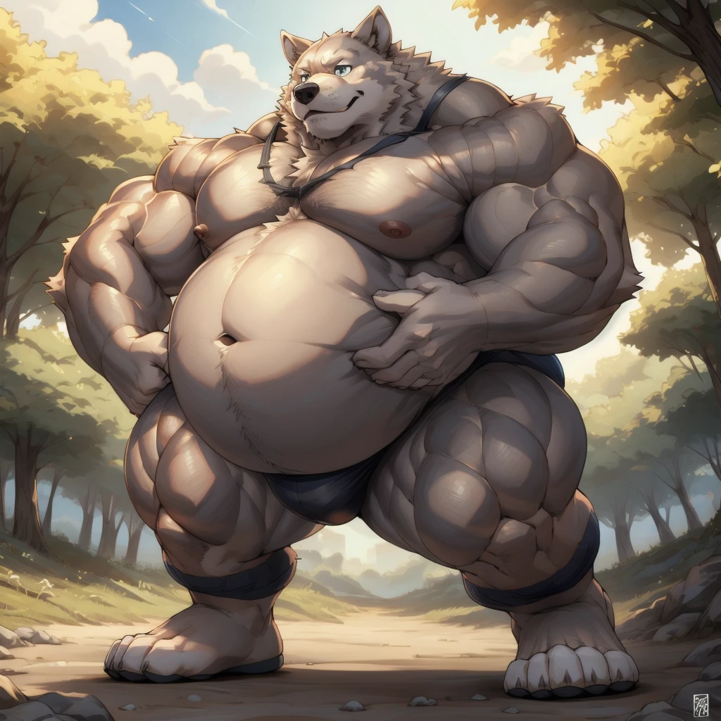 Animal kingdom Tank Hero Academia Shonen Anime style, full body image, Casual, neighborhood style, big obese , in sport clothes, He is a huge obese Sumo in huge obese weight gain process, detailed face, detailed eyes, detailed nose, defined face, big belly, high resolution settings, settings to fix face, high resolution settings, face fix settings, Whismical model, detailed eyes, detailed hands best quality,realistic lighting, male, anthro,muscular, muscular male, solo, bodily fluids, abs, pecs, muscular anthro, hi res, nipples, detailed background, forest, (yohei:1.2), (perfect eyes:1.2),white fur, (ultra detailed paws), Wearing a thong