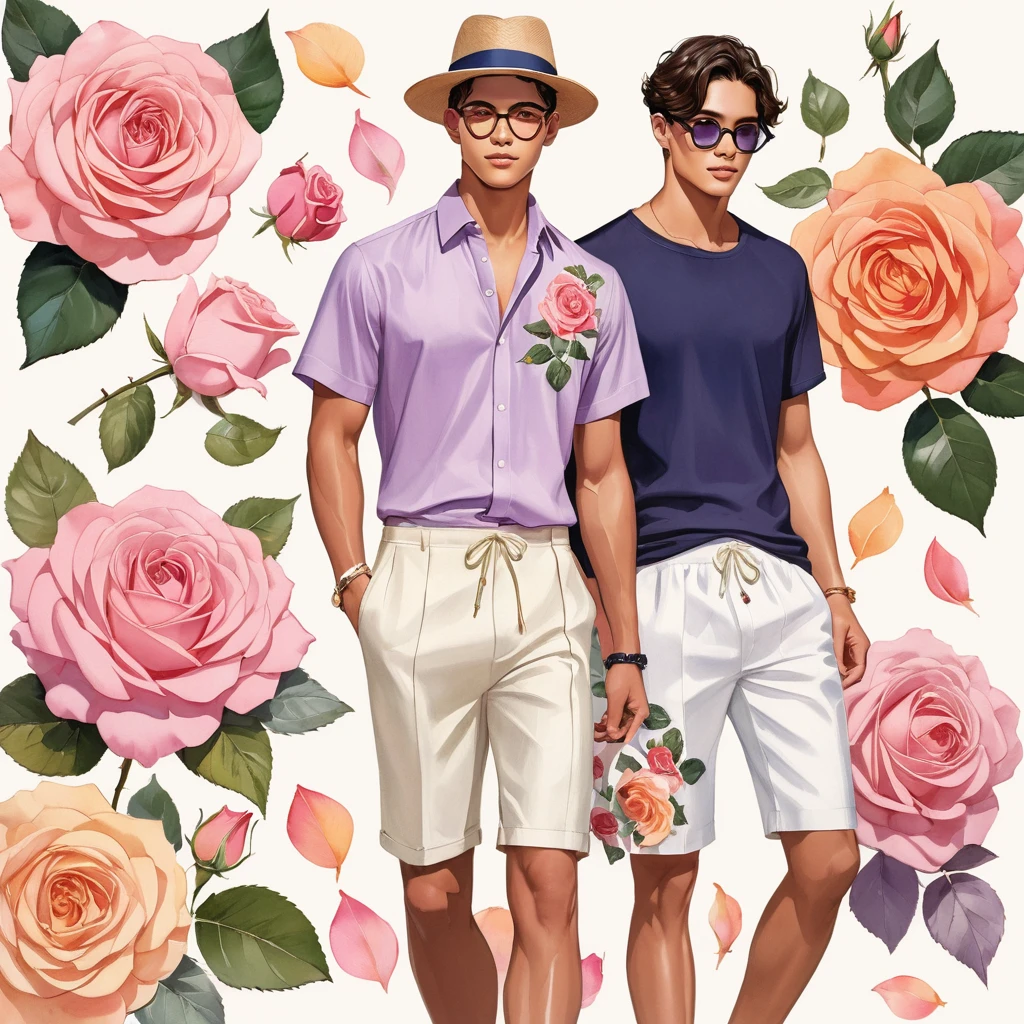 candid fashion illustration of young Mixed Latino and Japanese 2man, both aged 18-23 year old, ((showcase fashion look book in linen outfits)), the design inspired by David Austin rose Emma Bridgewater, in elegant chic style. The man wears an oversized short-sleeved shirt with a minimal rose embroidery details, paired with relaxed-fit white Short with Drawstring, He completes his look with white sneakers and round glasses. The boyfriend complements him in a skinny fitted speedo in a stripe pattern, semi bulge, He resemble includes an accessorizes with a brimmed straw hat and white sneakers, Captured in a low angle, ((full-body image)), ((roses motifs background)), fashion sketching, realistic drawing, ((imperfect water color drawing background)), fashion look book, fashion illustrator, fashion sketch design, gay, gay couple, The Emma Bridgewater rose by David Austin, lovely variety characterized by colors, at first pink with a yellow button eye, then brighter coral-pink tones softening to mauve and lilac. The blooms are large, with many petals forming a classic, rosette shape. The color can range from a delicate, pale pink to a slightly deeper shade, depending on the growing conditions. This rose is appreciated for its charming appearance and delightful,