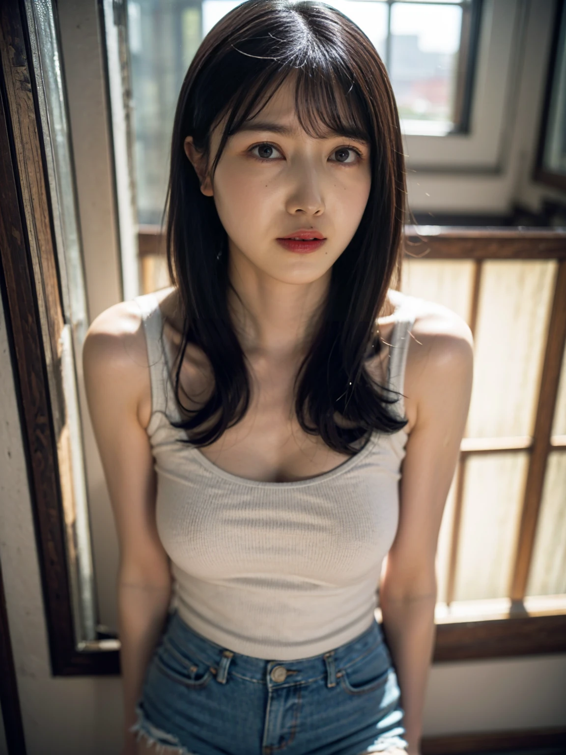 ((1girl)), woman, masterpiece, best quality, highest quality, cinematic lighting, (volumetric lighting), extremely detailed CG unity 8k wallpaper, focused, 8k wallpaper, extremely detailed, ultra realistic, photorealistic, sharp focus, absurdres, (HDR:1.2), (high contrast), photograph, detailed and intricate, instagram, portrait, highly detailed, digital painting, artstation, concept art, smooth, sharp focus, illustration, cinematic lighting, (big breast:1.2), (((skinny, super slim legs))), (japanese idol posture), (knit strap tanktop, short pants, cleavage), looking at the viewer, (I don't see arms)), ((Standing)), ((Medium body shot, hip level shot))