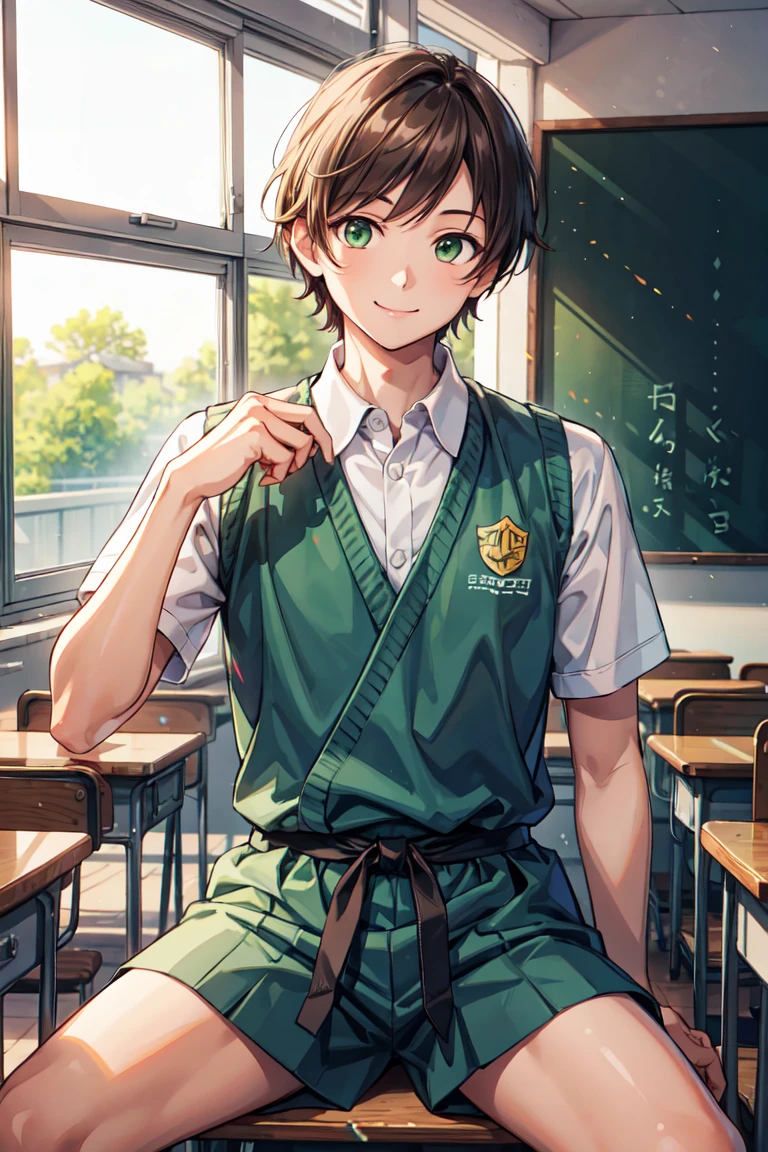 A refreshing man, student,uniform, In the classroom, Short hair, ash brown,Green eyes,Crisp eyes, smile, Judo uniform folded on a table, Ultra HD, Realistic, Bright colors, High detail, UHD rendering, Perfect composition, A beautiful and detailed complex
