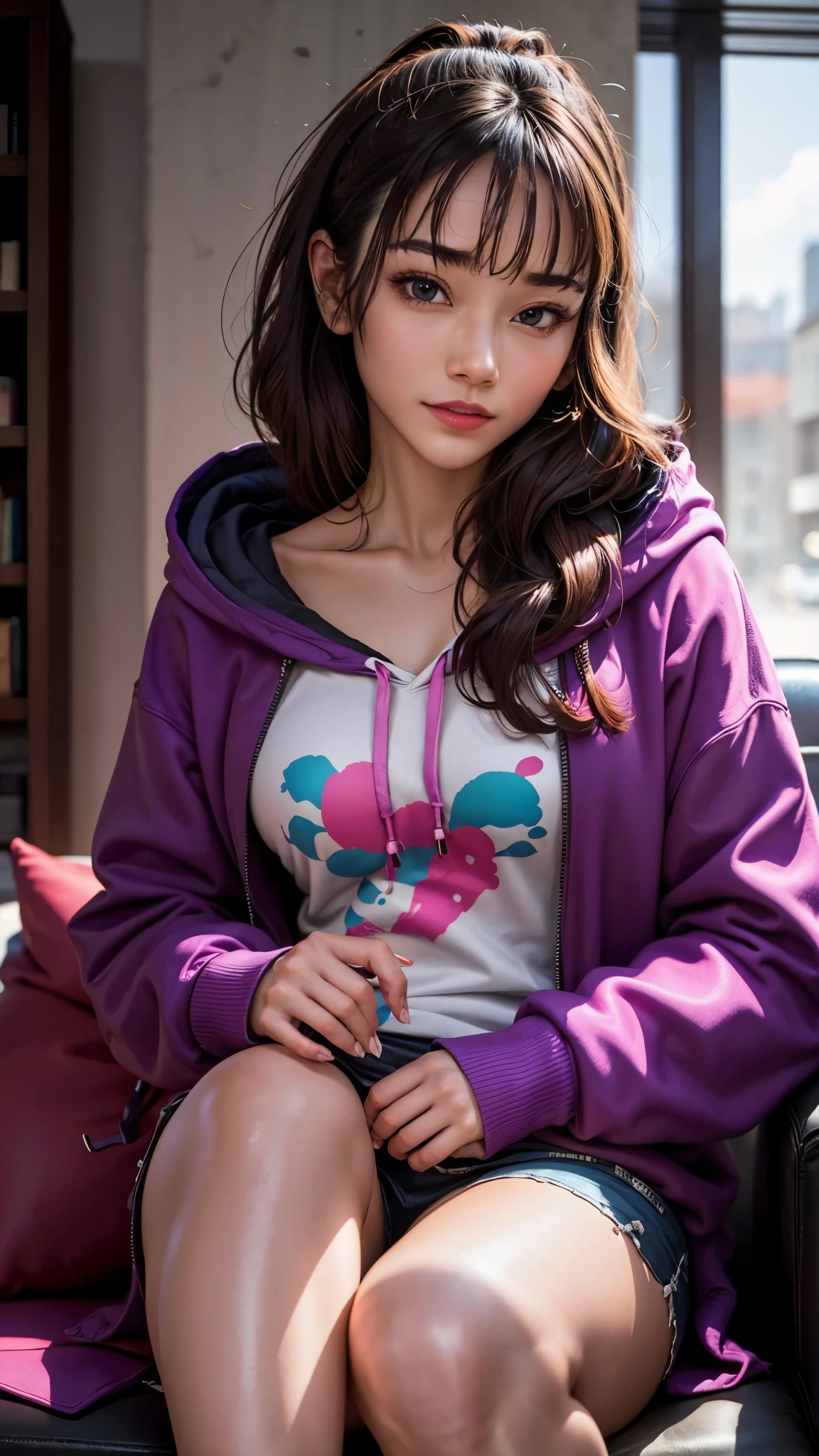  The image is a vibrant portrait of a young woman. She is wearing a colorful hoodie and has a confident expression on her face.