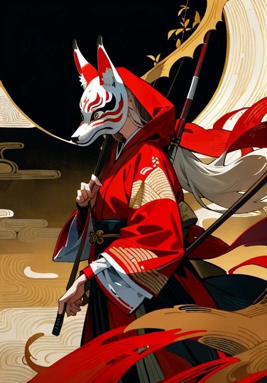 high quality of a red hooded woman, the woman wears a kitsune mask (Traditional japanese fox mask), suit decorated with golden details and paintings of traditional feudal Japanese landscapes, In his right hand he carries a golden crossbow,