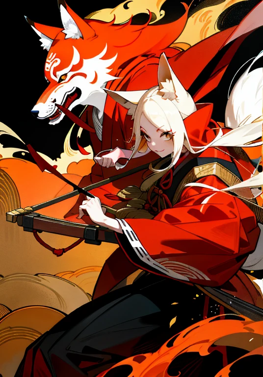 high quality of a red hooded woman, the woman wears a kitsune mask (Traditional japanese fox mask), suit decorated with golden details and paintings of traditional feudal Japanese landscapes, In his right hand he carries a golden crossbow,
