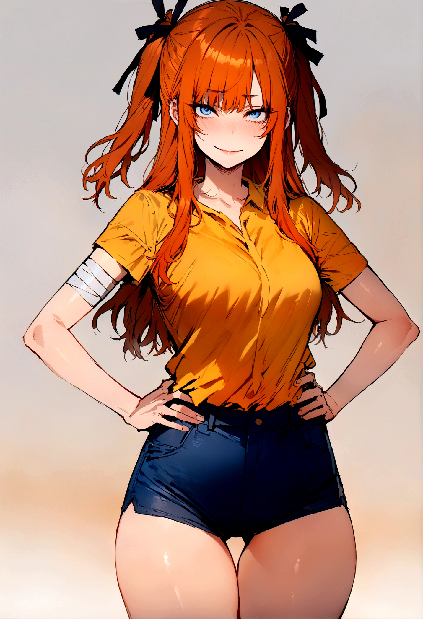 (masterpiece), best quality, expressive eyes, perfect face, 1girl, solo, blue eyes, dark orange Hair, Loose hair, hair ribbon, long hair, black ribbon, sidelocks, bangs two side up, smile, yellow shirt, short sleeves, blue short shorts, slim figure hands on hips, one arm bandaged, red bandage, looking at viewer,
