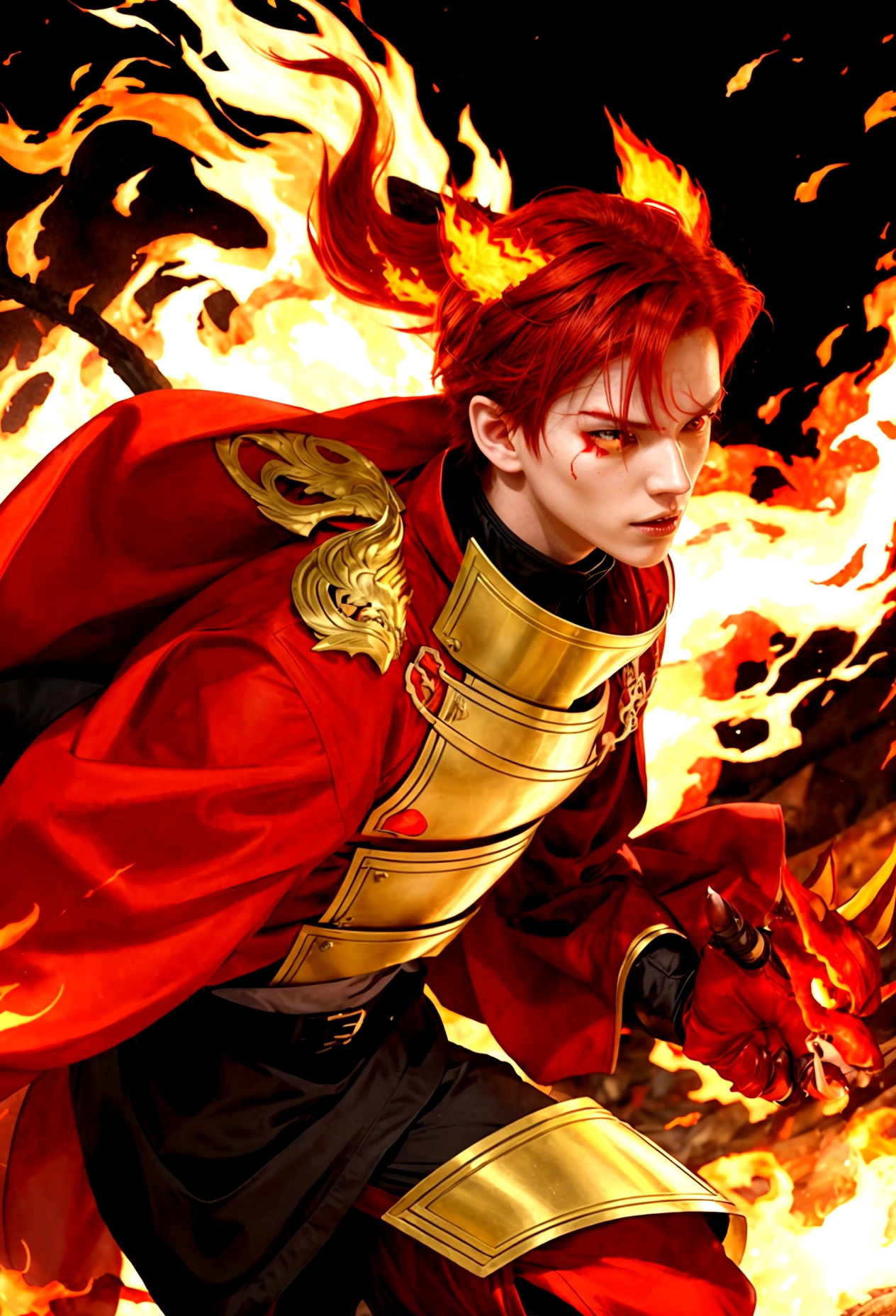 anime character with red hair and a red cape on a fire, chico mascara de fire en el arte de Demon Slayer, fire behind him, fire!! whole body, Heise Jinyao, demon slayer rui fanart, burning hell, fire lion, anime style like destiny/Overnight stay, (fire), fire embers, the fire king, Tanjiro Kamado, completely consisting of fire