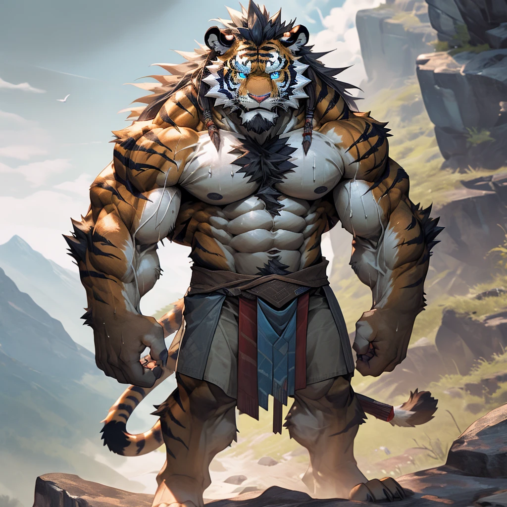 sweating a lot,muscular,Topless,Standing on the cliff at the top of the mountain,hairy,personification,chest hair,Serious face(scars in the face) Mature (blue eyes)Huge muscle ripped abs wild, Tribal chieftain tiger