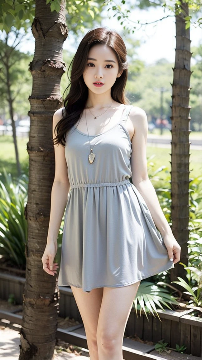 masterpiece, best quality, Surreal, Ultra Detailed, 8k resolution, RAW photos, Clear focus, (A girl in the forest), ((Light grey straight dress:1.1)), sports Shorts, Solitary, Perfect body,Bangs to eyebrows、Beautiful brown hair、Beautiful and delicate eyes、Brown eyes、Raise an eyebrow、High Nose、Small nostril、Little mouth、Tempting lips、Mouth slightly open、Beautiful breasts、Full body、Oval face, Both eyes, Both eyes皮, Long eyebrows, Long eyelashes, A faint smile, Chest 32 inches,The face is good, The legs are slender and fair,Playful and flirty pose,The calves are straight and thin:1.5,Wear high-end brand colored sneakers:1.5,Incredibly sexy,Perfect proportion、Perfect Anatomy、Perfect composition、Beautiful and detailed shadows、beautiful natural light、beautiful detailed glow、Depth of Field,32 inches in the chest,(a charming smile:1), (sexy pose),26 years old, light,White shoes