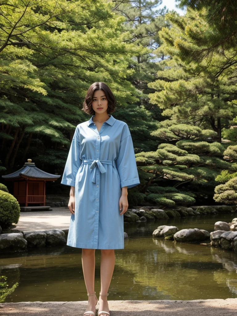 her name is Asako, high quality, 1girl, ((20-year-old fit Caucasian woman)), ((20 years old)), ((slim)), ((Wavy Bob)), doll face pose: standing, wearing stylish fashionable coquette wear different colored, BACKGROUND: In the serene gardens of Kyoto's Kinkaku-ji Temple