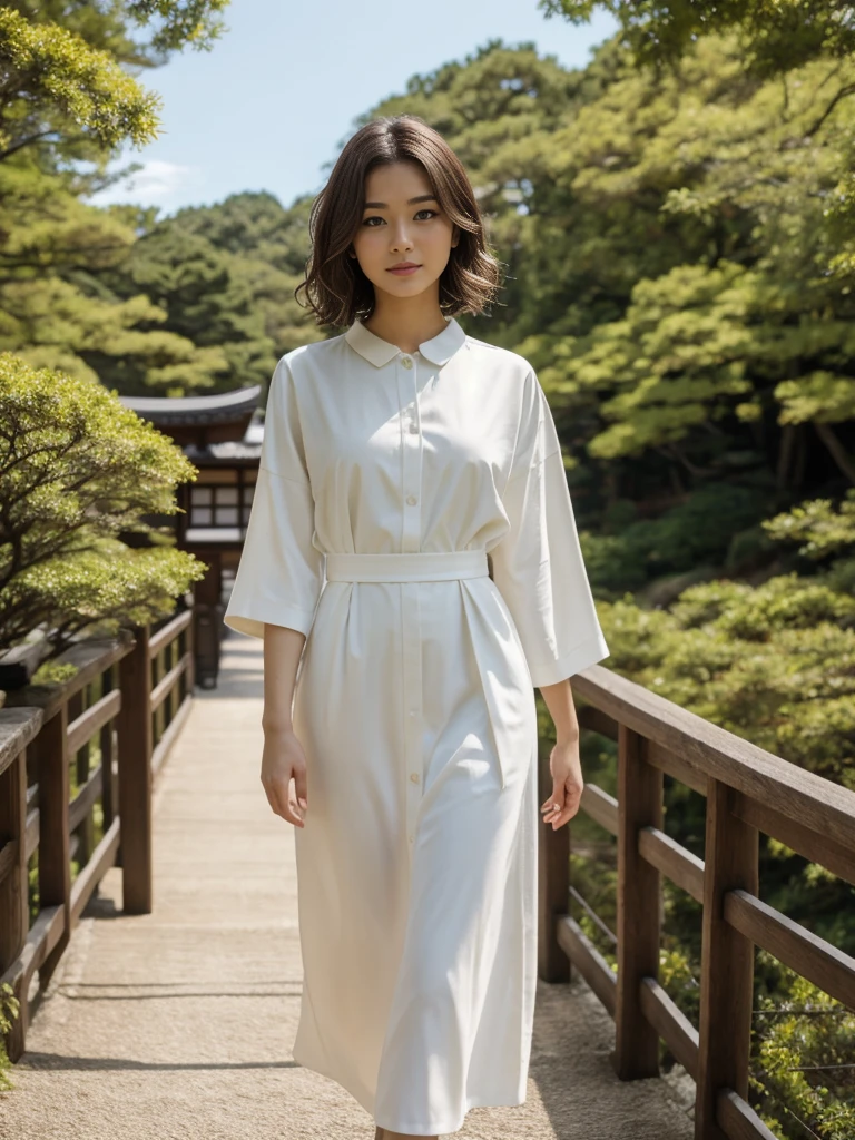 her name is Asako, high quality, 1girl, ((20-year-old fit Caucasian woman)), ((20 years old)), ((slim)), ((Wavy Bob)), doll face pose: standing, wearing stylish fashionable coquette wear different colored, BACKGROUND: In the serene gardens of Kyoto's Kinkaku-ji Temple