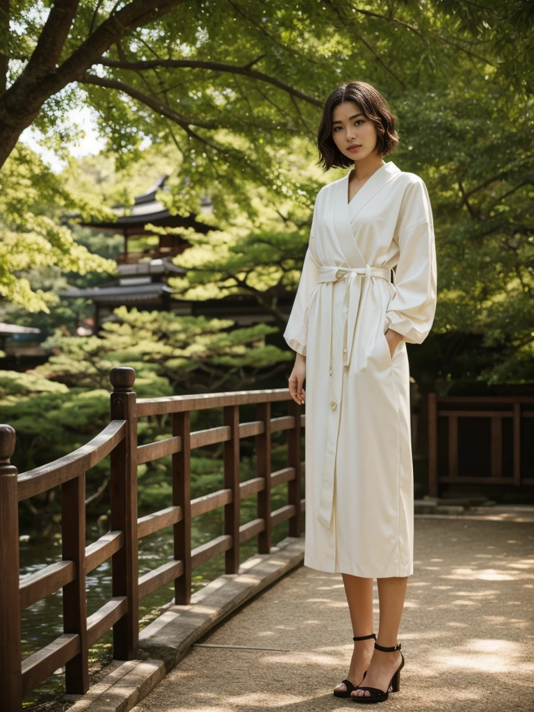 her name is Asako, high quality, 1girl, ((20-year-old fit Caucasian woman)), ((20 years old)), ((slim)), ((Wavy Bob)), doll face pose: standing, wearing stylish fashionable coquette wear different colored, BACKGROUND: In the serene gardens of Kyoto's Kinkaku-ji Temple