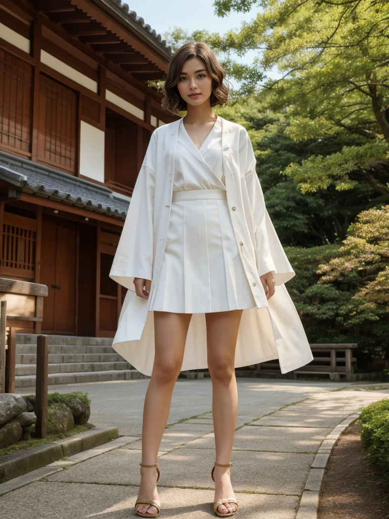 her name is Asako, high quality, 1girl, ((20-year-old fit Caucasian woman)), ((20 years old)), ((slim)), ((Wavy Bob)), doll face pose: standing, wearing stylish fashionable coquette wear different colored, BACKGROUND: In the serene gardens of Kyoto's Kinkaku-ji Temple