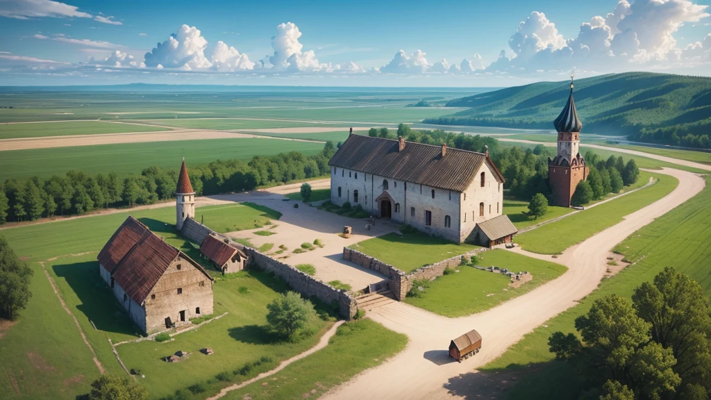 Beautiful scenery of ancient Russian village. Aerial view, Photorealistic photos. High definition