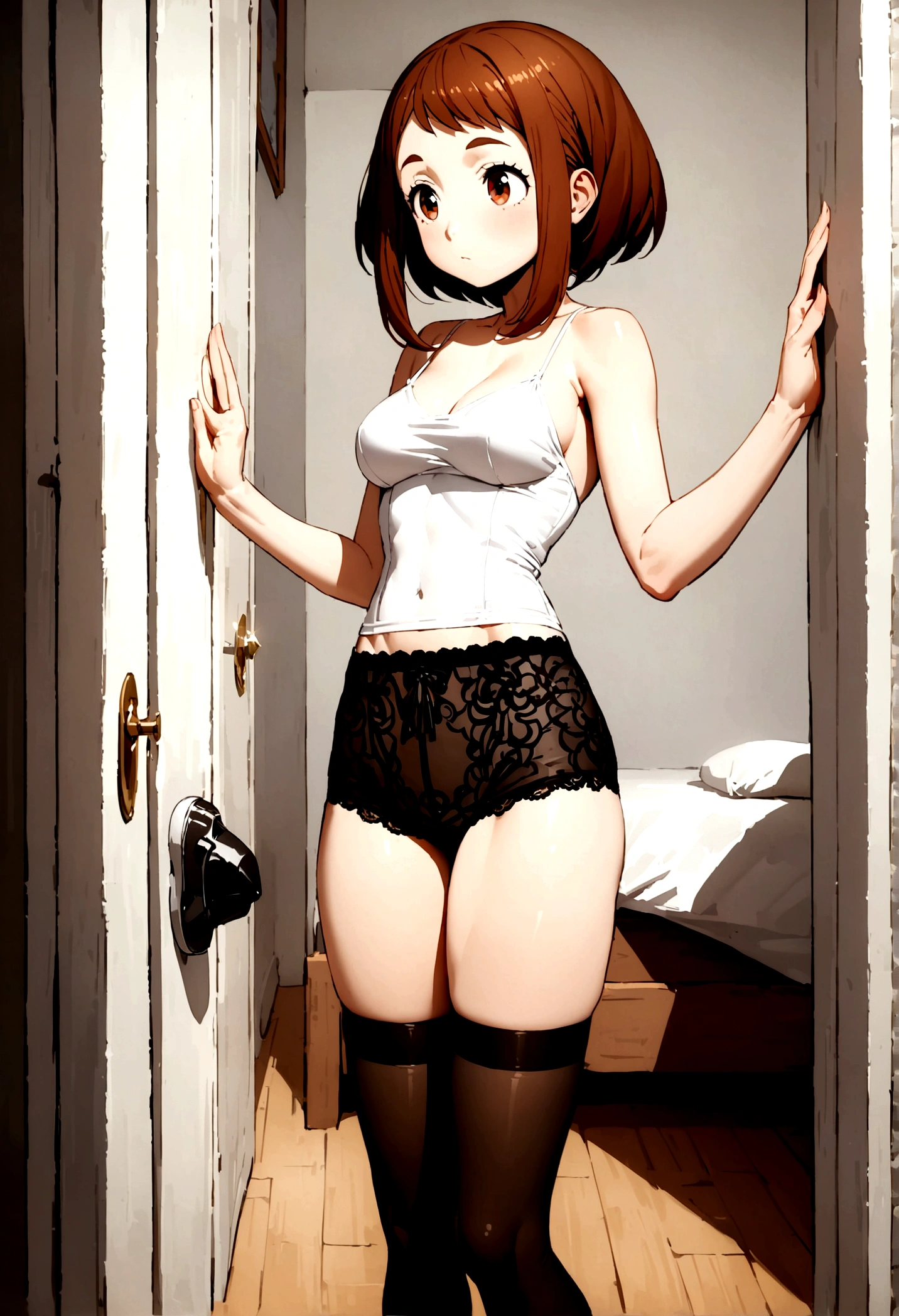 Ochako Uraraka, slim fit white spaghetti strap shirt, medium breasts, lace boyshorts, black mid thigh stockings, black shoes. standing, bedroom, perfect body, perfect legs, perfect arms, perfect hands, Masterpiece, detailed