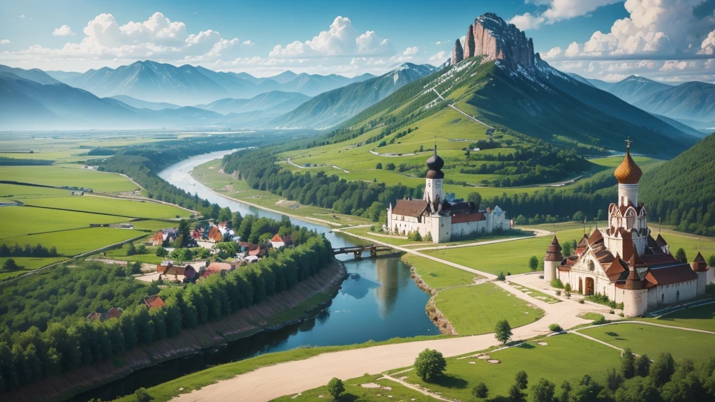 Beautiful scenery of ancient Russian village. Aerial view, Photorealistic photos. High definition