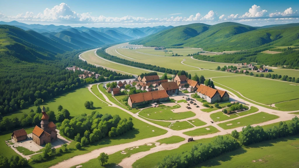 Beautiful scenery of ancient Russian village. Aerial view, Photorealistic photos. High definition