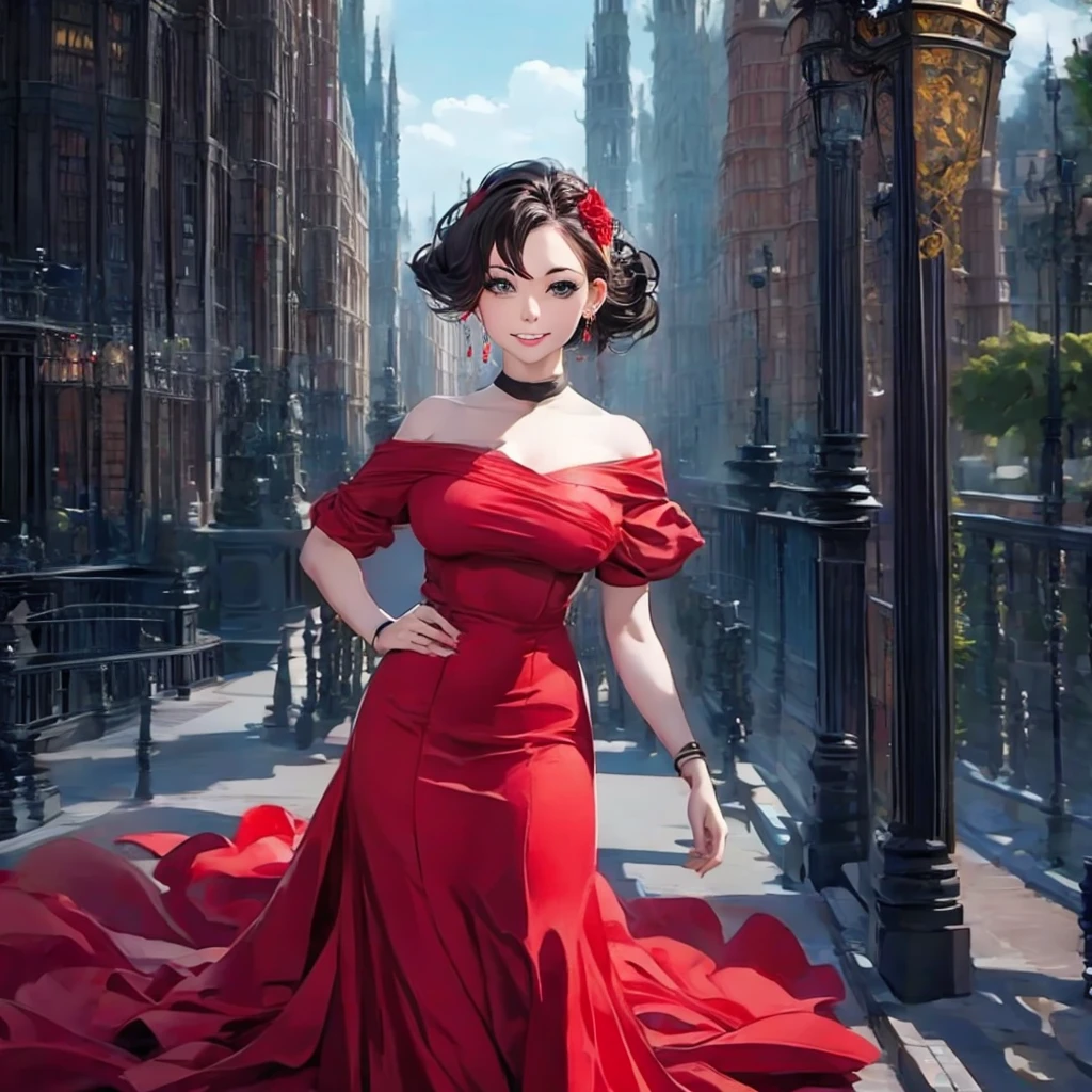araffed woman in a red dress posing for a picture