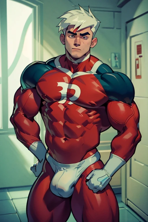 Danny Phantom, ghost, hypnosis, jock, conversion, locker room hallway, hyper muscles, jockstrap, bro, meathead, hypnotized, brainwashed, brainwashing, big dumb jock, football. Glowing eyes. Hyper crotch bulge. Massive bulging crotch. Big balls. Big biceps. Big triceps. Big traps. Broad shoulders. Big meaty pecs. Big thighs. Thick glutes. Hyper muscles. Flat top buzz cut. Football team assimilation. Clothes turning into a football uniform. Danny Fenton turning into Dash Baxter's football jock lackey. Dash whispering in Danny Fenton's ear. Danny Fenton obeying Dash Baxter as Dash Baxter says, "Don't worry, Fenton. You'll like being me. Now shove that nerd into the locker like a good jock. You know you want to...." Dumber. IQ drain. Danny shoving a student into a locker saying, "Okay, Coach...."