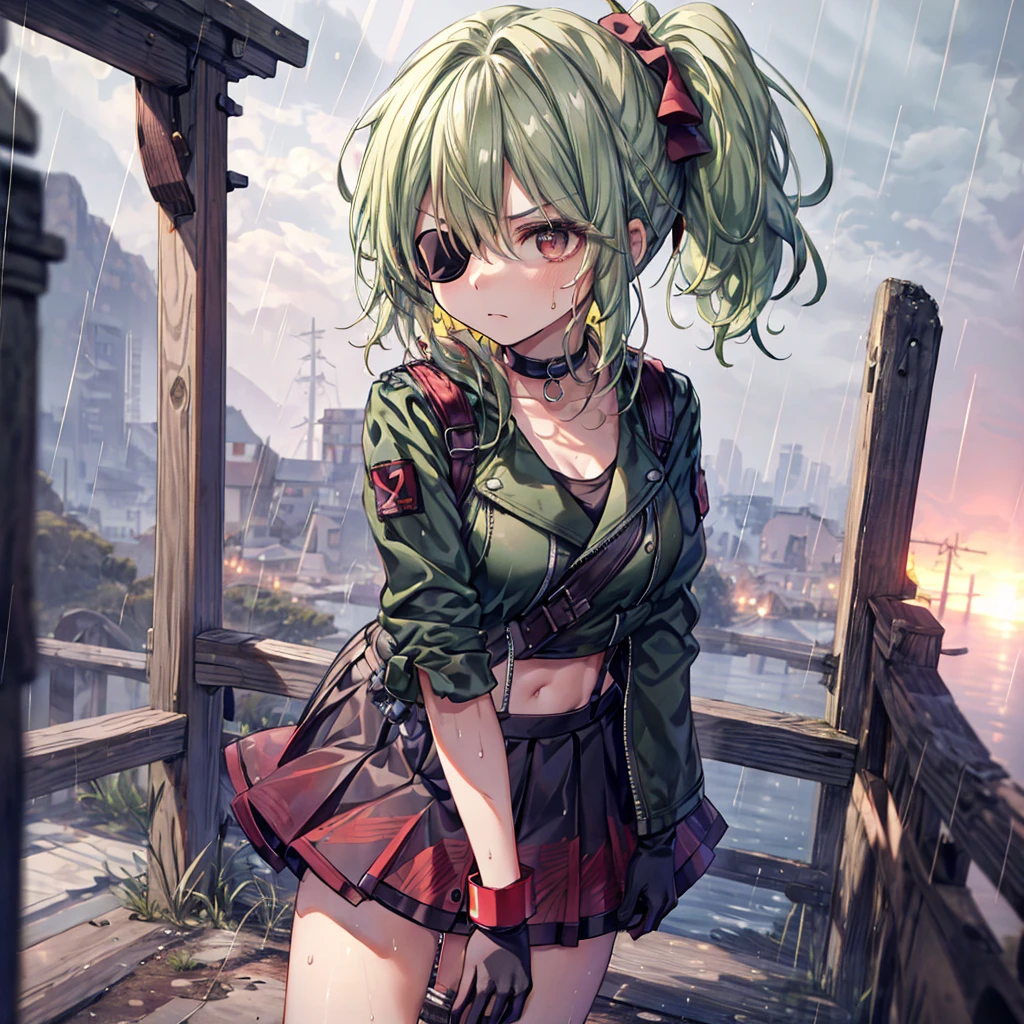 ((Highest quality)), ((masterpiece)), ((detailed)), (4K), 1woman, 独奏, ((eyepatch)), red eye, middle hair, messy hair, green hair, side ponytail, (fighter), crop top, leather jacket, medium breasts, see through, Torn miniskirt, suspender skirt, torn pantyhose, choker, bracelet, ((rain)), (wet), gloves, (expressionless), scowl, (from below), (looking down), face focus, looking at viewer, (leaning forward), wasteland, town, blurry background