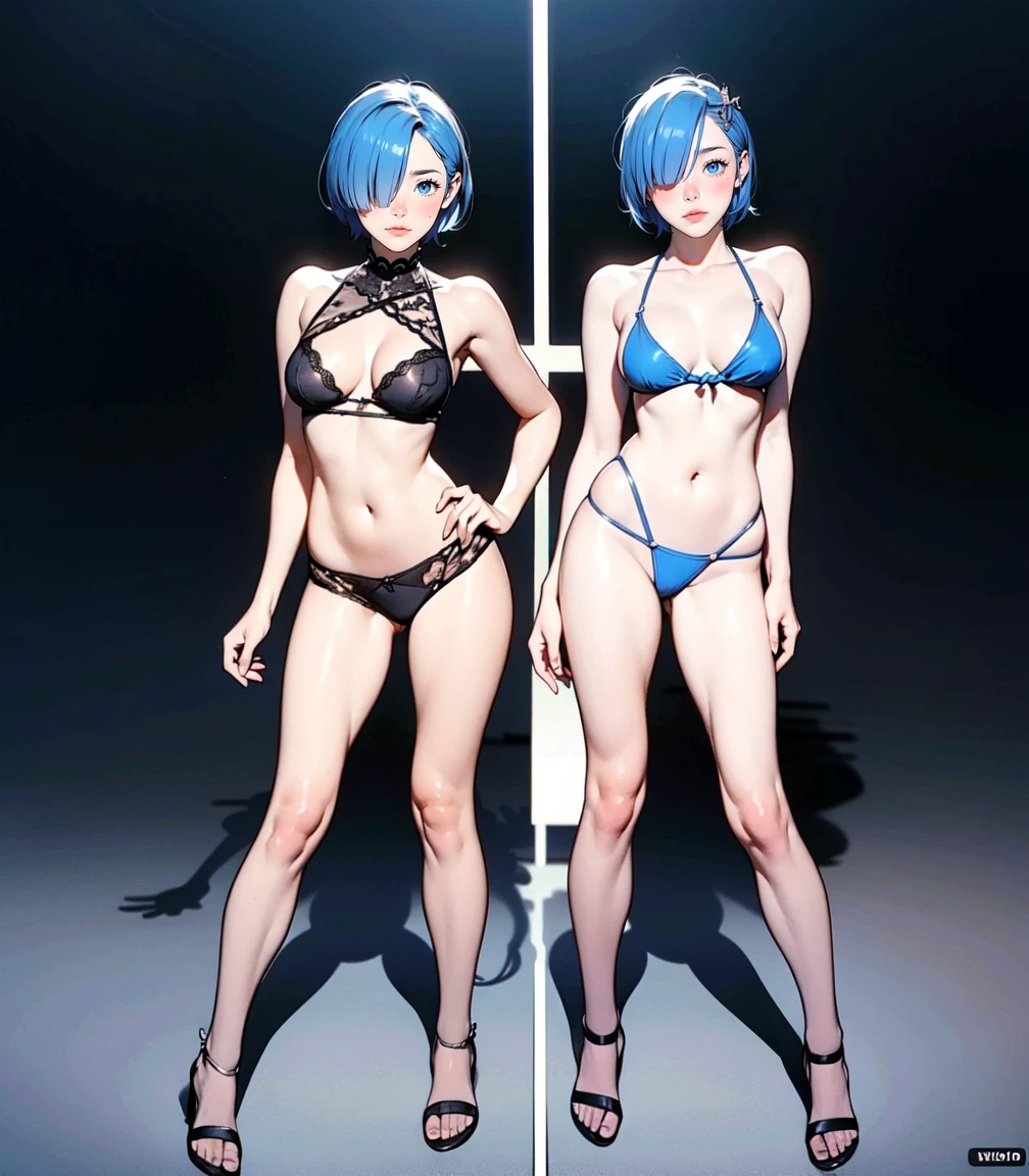 Masterpiece, best quality, 16k resolution, NVIDIA RTX Ray Tracing technology, Create a 4K resolution, ultra-realistic, and extremely detailed artwork, award winning, retina, soft light, sharp focus.(hyper-realistic:1.4) , (full body:1.5)
Rem from rezero, (remrin), blue hair, short hair, (hair over one eye:1.3), blue eyes, Nlue bikini, detailed bikini
looking at viewer, strongly ashamed, embarrased, blushing, epic, cinematic, dramatic, reflective, shining, purple glow, big breasts, cleavage, sexy, modeling pose, turned
smooth perfect skin, smooth_skin
Beautiful、(red blush)、big breasts,
FULL BODY SHOT, ultra wide angle, textured skin, face detail, clean skin, perfect hands, perfect anatomy, anatomically correct