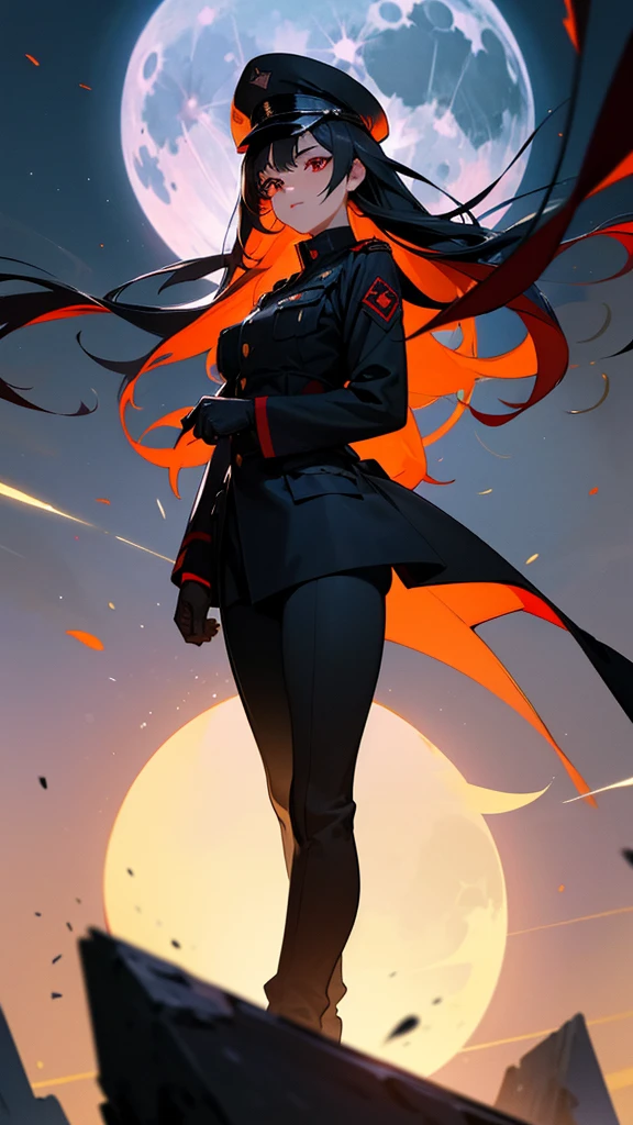1 girl in black military uniform, 18 years old, military hat that matches the uniform, long black hair, red eyes, spider web background, full moon, moonlight, face in shadow, light particles, fantastical atmosphere, best quality, 4k, 8k, highres, masterpiece, ultra-detailed, realistic, photorealistic, photo-realistic, HDR, UHD, studio lighting, ultra-fine painting, sharp focus, physically-based rendering, extreme detail description, professional, vivid colors, bokeh