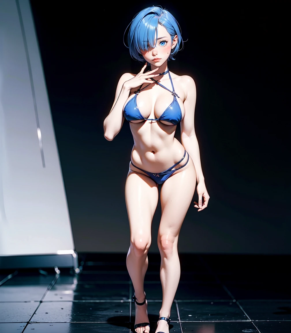Masterpiece, best quality, 16k resolution, NVIDIA RTX Ray Tracing technology, Create a 4K resolution, ultra-realistic, and extremely detailed artwork, award winning, retina, soft light, sharp focus.(hyper-realistic:1.4) , (full body:1.5), (((solo)))
Rem from rezero, (remrin), blue hair, short hair, (hair over one eye:1.3), blue eyes, Nlue bikini, detailed bikini
looking at viewer, strongly ashamed, embarrased, blushing, epic, cinematic, dramatic, reflective, shining, purple glow, big breasts, cleavage, sexy, modeling pose, turned
smooth perfect skin, smooth_skin
Beautiful、(red blush)、big breasts,
FULL BODY SHOT, ultra wide angle, textured skin, face detail, clean skin, perfect hands, perfect anatomy, anatomically correct
