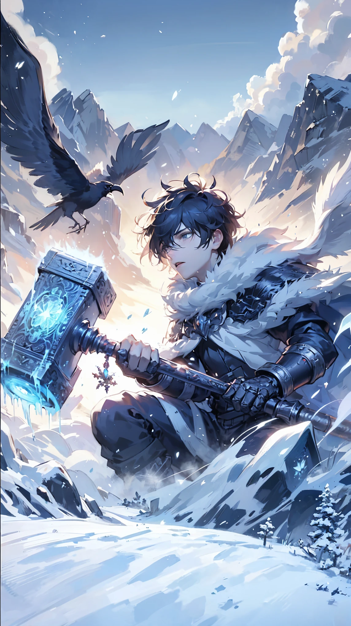 teenager boy wielding a frost-covered warhammer, kneeling on a snowy mountain peak. A swirling blizzard rages around them, a lone raven circles overhead. Dark and moody, ethereal lighting, sense of isolation, ((detailed warhammer)), ((detailed anatomy)), ((detailed face)) , sense of isolation