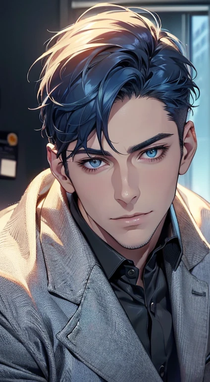 (best quality,4k,8k,highres,masterpiece:1.2),ultra-detailed,(realistic,photorealistic,photo-realistic:1.37),1 man,31 years old,mature man,very handsome,without expression,smile,short blue hair,blue eyes,penetrating gaze,perfect face without errors,imposing posture,businessman,office background,cinematic lighting,hdr image