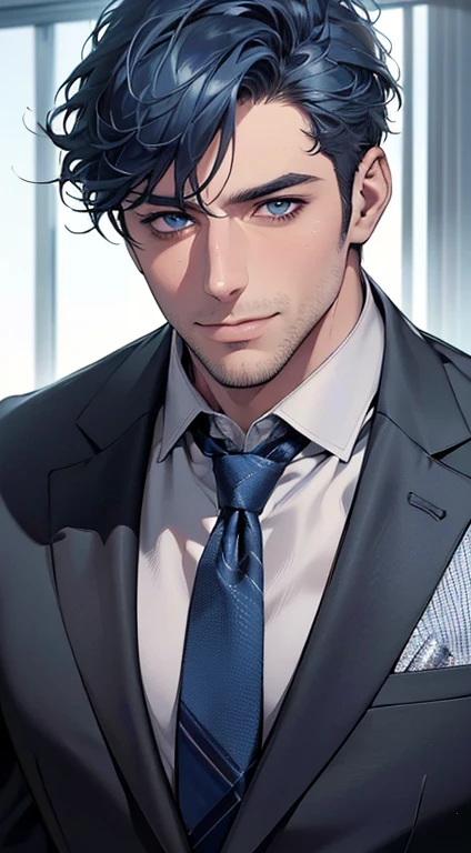 (best quality,4k,8k,highres,masterpiece:1.2),ultra-detailed,(realistic,photorealistic,photo-realistic:1.37),1 man,31 years old,mature man,very handsome,without expression,smile,short blue hair,blue eyes,penetrating gaze,perfect face without errors,imposing posture,businessman,office background,cinematic lighting,hdr image