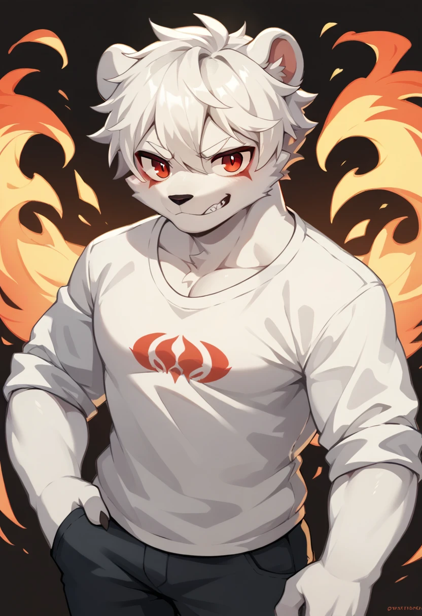 Draw a furry boy with bear ears and white hair with white skin, have a white sweater, a bow on the neck and red eyes full of evil and in the background put hell itself with a lot of fire