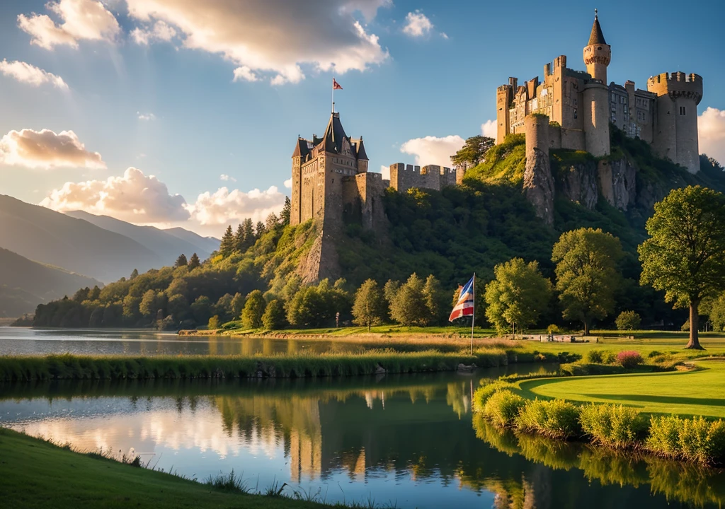 ((Best quality)), ((masterpiece)), (detailed), fantasy art, RPG art, photo, National Geographic quality photo, award-winning, (most detailed: 1.5), (highest quality: 1.5) A majestic solo medieval castle near a lake at dawn, showcasing masterclass art and cutting-edge military architecture. The castle features (4 towers: 1.2), (huge walls: 1.2), (barbican: 1.2), (flags: 1.2), (bridge: 1.2), (highly displayed flags: 1.3). The entire castle is reflected perfectly in the tranquil lake, creating a flawless image. The lake is calm and serene, with dawn mist rising from it. The sunrise casts light through thin clouds in the sky, with sun rays illuminating the scene. Behind the castle, there is a massive snowy mountain in the background. Highest quality, (highly detailed), ultra-wide shot, photorealism, depth of field, ultra-realistic, 2.5 rendering