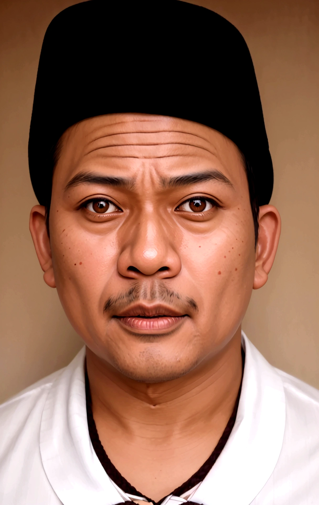 arafed image of a man in a hat and tie, inspired by I Ketut Soki, potrait, close up potrait, by I Ketut Soki, inspired by Basuki Abdullah, digital art but photo, ramil sunga, 5 0 years old man, barong family member, portrait symetrical, full protrait, color portrait