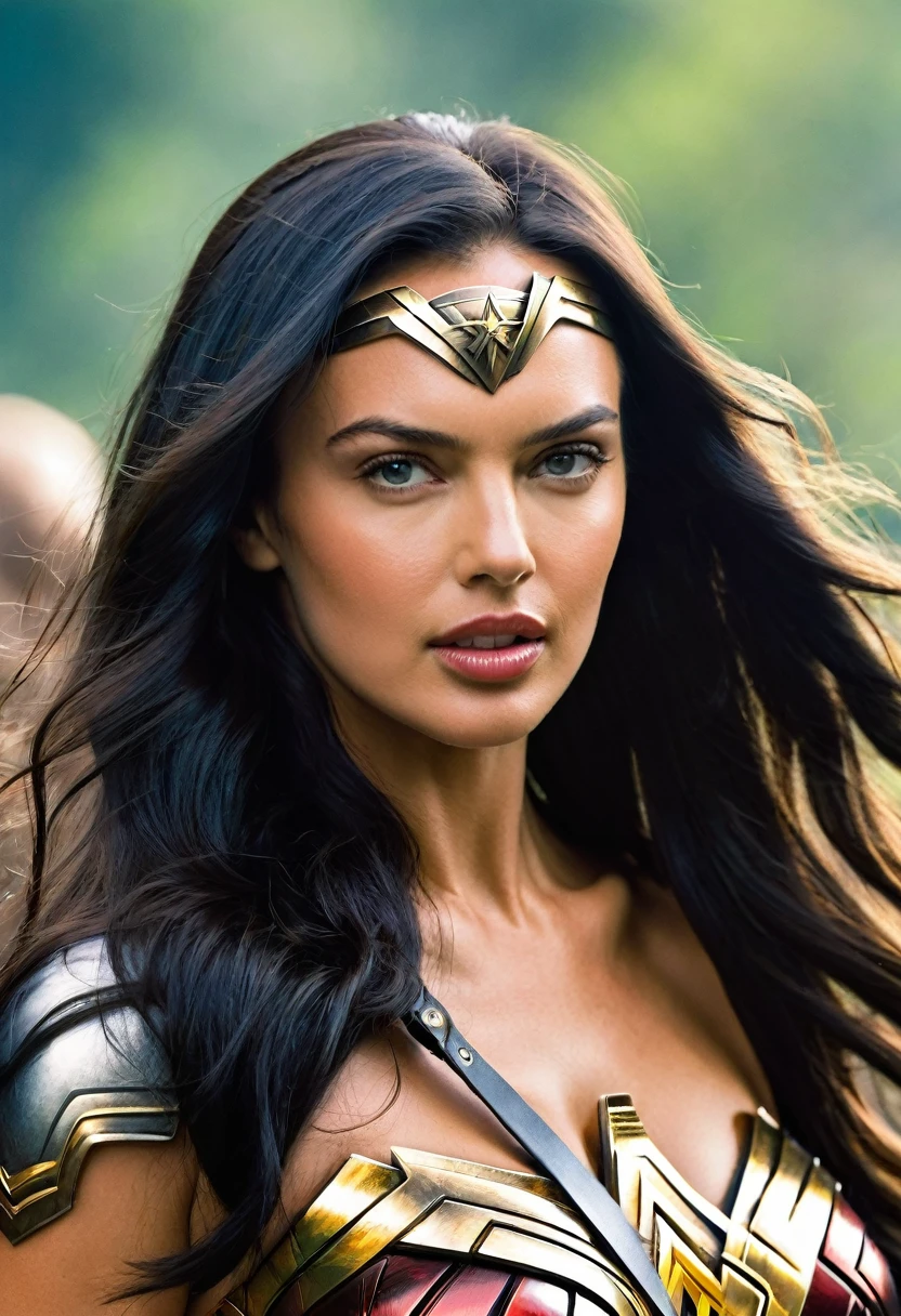 (((Extreme Closeup Irina Shayk(((long black hair)))under the mantle of the Amazon warrior Wonder Woman Diaema Wonder Woman frontal images color images Splash))),(((kim basinger))),(((black hair Largo))),(((black hair)))