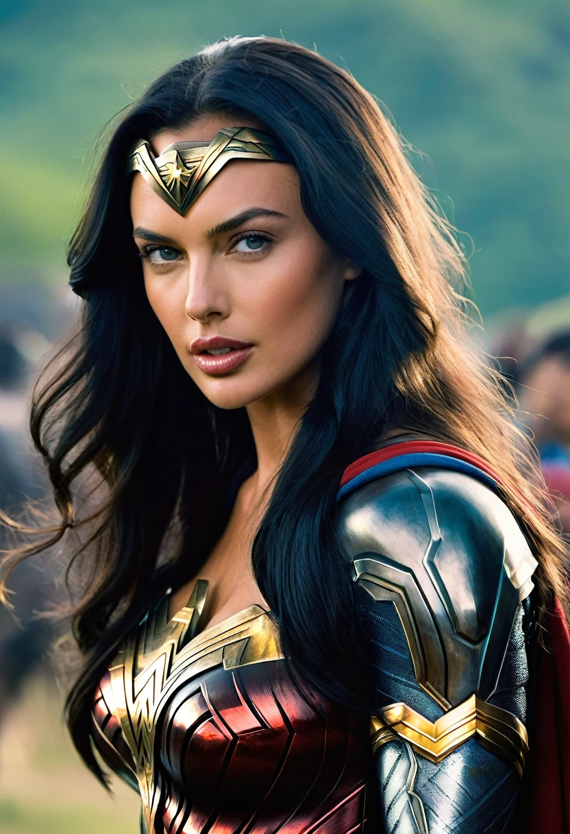 (((Extreme Closeup Irina Shayk(((long black hair)))under the mantle of the Amazon warrior Wonder Woman Diaema Wonder Woman frontal images color images Splash))),(((kim basinger))),(((black hair Largo))),(((black hair)))