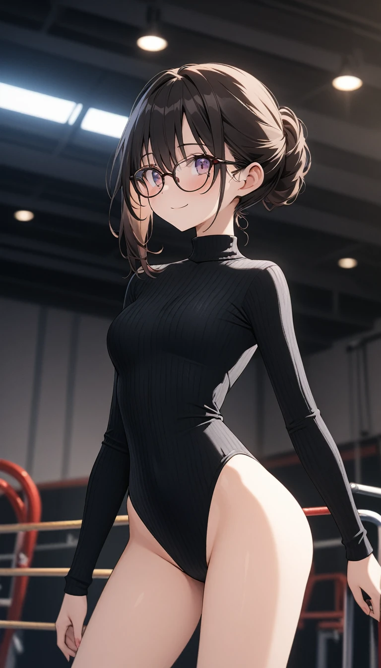 highquality illustration, masterpiece, very delicate and beautiful, attractive girl,(colorful leotard, heattech leotard,tight leotard,long_sleeve leotard,ribbed leotard,high_leg leotard,turtleneck leotard), thin,slender body,slim,gymnastics club,gymnastics athlete,bare legs,gymnasium background,beautiful eyes, light smile,(masterpiece, best quality:1.2), highres, extremely detailed CG unity 8k wallpaper, perfect lighting, Colourful, ultra-high res,4K,ultra-detailed, photography, 8K, HDR,  17 ages,Glasses,cowboy shot,