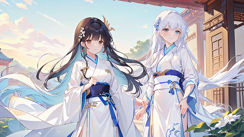 Cartoon scene with two women in traditional costumes standing in front of a building, flowing white robe, Long flowing hair and robes, White Hanfu, Wearing a white robe!, Official Fanart, palace , Girl wearing Hanfu, Wing Wall and Shurak, Inspired by Border Guardians, Hanfu, Gu Weiss, Warring States period art style