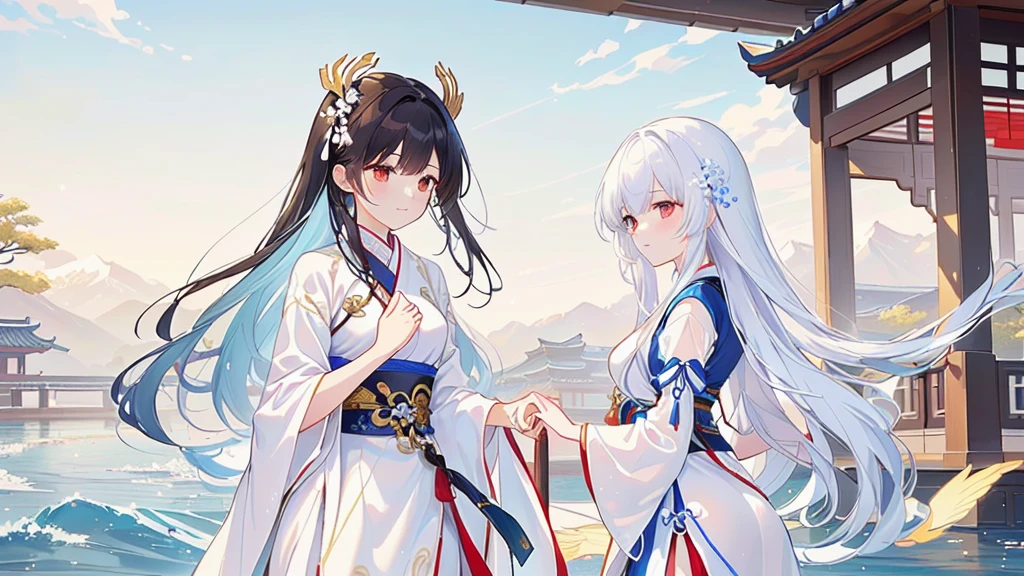 Cartoon scene with two women in traditional costumes standing in front of a building, flowing white robe, Long flowing hair and robes, White Hanfu, Wearing a white robe!, Official Fanart, palace , Girl wearing Hanfu, Wing Wall and Shurak, Inspired by Border Guardians, Hanfu, Gu Weiss, Warring States period art style