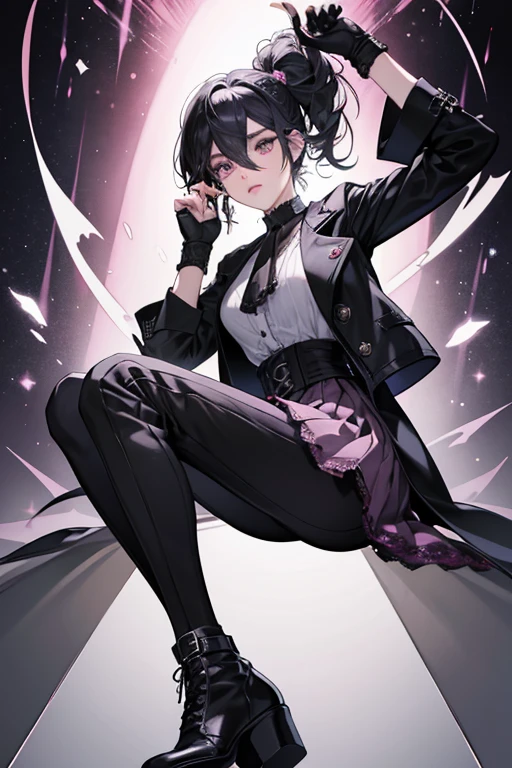 Marinette embraces a gothic aesthetic, characterized by her attire. She sports a white shirt beneath a sleek dark gray jacket, paired with edgy dark pink trousers featuring stylish rips above the knees and along the legs. Completing her ensemble are striking black high-top boots with grey soles, adding to her distinct style. Additionally, she wears dark fingerless lace gloves extending halfway up her forearms. Furthermore, she wears a black ascot adorned with intricate grey ornaments, completing her unique and striking appearance SPARKLE; GLITTER