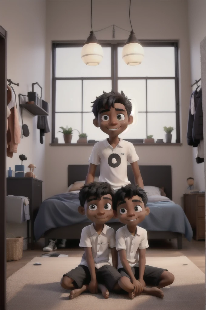Two boys, one with light black skin and one with black hair sitting on the bed in the room taking photos happily as a couple.